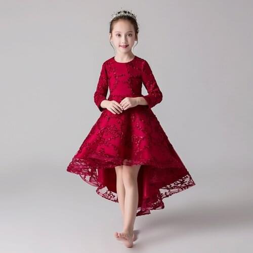 2020 Flower Girls Dresses Birthday Elegant Tailing Lace Princess Costume for Weddings And Party Kids Communion Ball Gown