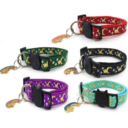 5 Pcs Star Moon Pattern Print Adjustable Cat Collars Breakaway with Bell Charm