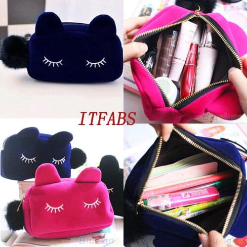 Cartoon Cat Black Makeup Bag Case Box with Zipper Cosmetic School Stationery Velour Pouch Purse Travel Make Up Bags