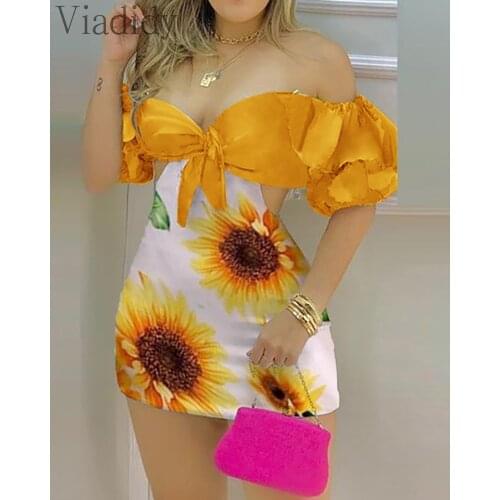 Women Summer Off Shoulder Floral Print Cutout Design Romper Knotted Puff Sleeve Skinny Playsuits