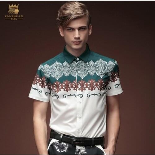 FanZhuan free shipping New fashion casual mens male short sleeved summer printed slim white collar Flower shirt blouse 15358