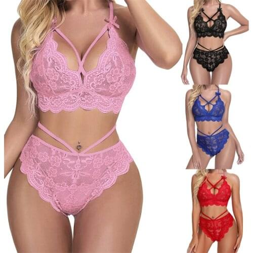 Hirigin Newest 2Pcs Women Lingerie Set Crochet Sheer Push-Up Bra+Middle Waist Strappy Panty Suit for Girlfriend Wife 4 Colors
