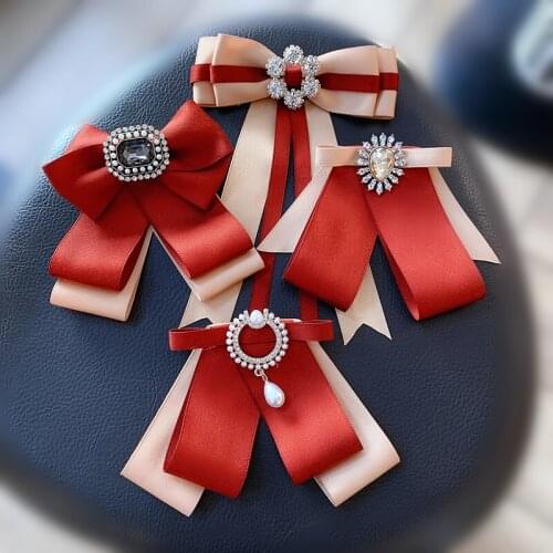 Red Womens Bow Tie Girl Korean British College Style Shirt Dress Accessories Ribbon Crystal Pin Corsage Retro Fashion Jewelry