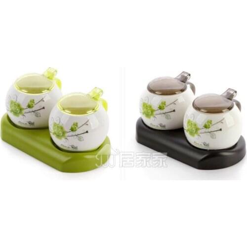 Creative Cooking Tools in Spice Jar Ceramic Seasoning Containers with Transparent Cover &Spoon Beautiful Salt and Pepper Shakers