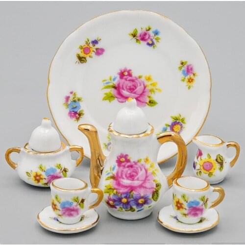 Odoria 1:12 Miniature 8PCS Porcelain Tea Cup Set Pink Ceramic Tableware Teapot Kitchen Dollhouse Accessories Doll House Decor