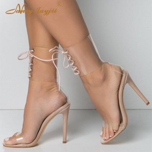 PVC Shoes Women Sandals Adult Female Super High thin heels Cross-Tied Solid Fashion Cover Novelty Casual Leisure Novelty 2019