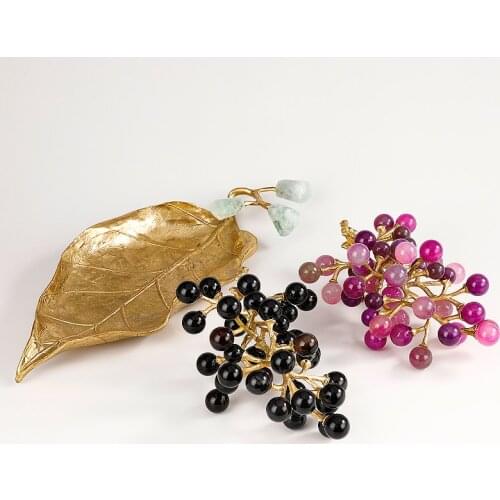 Natural Crystal Stone Grape Ornament Brass Fruit Plate Decor For Home Room Coffee Table Accessories Luxury Agate Candy Plate