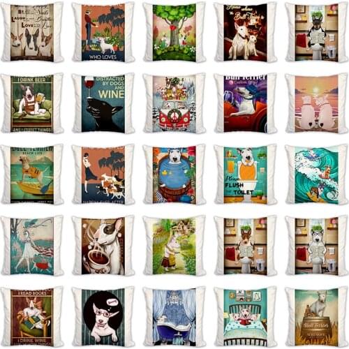 Cartoon Bull Terrier Dog Pillowcase Home Sofa Square Pillow Cover Cute Animal Pattern Decorative Cushion Cover 45X45cm Cojines