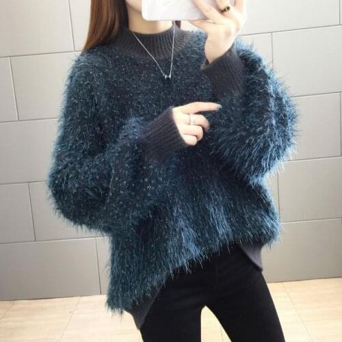 2021 New Style Mohair Knit Sweater Women Pullover Winter Fashion Shiny Soft Warm Pullover Women Loose Sweater Casual Top Unif