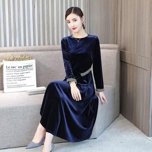 2018 Autumn New Pattern Europe Station Will Code Self-cultivation Thin Temperament Rendering Long Fund Velvet Dress