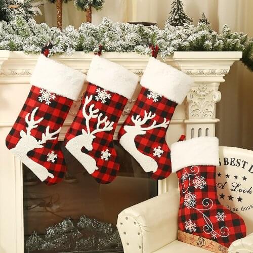 2pcs 46.5*27.5cm Christmas Tree Hanging Decor Red Plaid Cartoon Snowflake Deer Stocking Xmas Bedside Sock Kids Gift Storage Bags