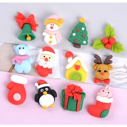 Christmas Resin Cabochons DIY Jewelry Findings Polymer Clay Bell Snowman Tree Gift Box Socks Glove Penguim Cameo Patch 10pcs