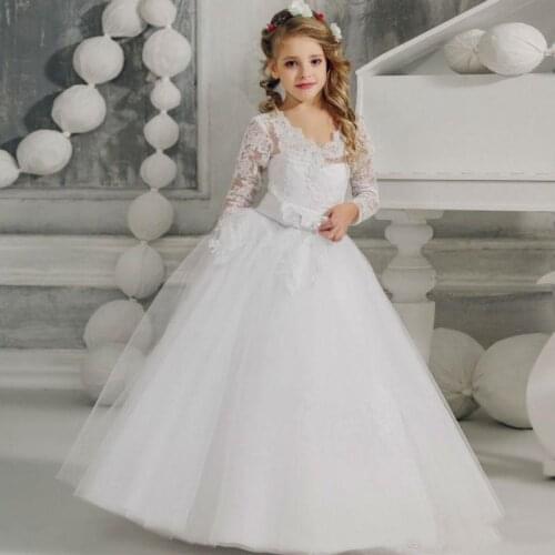 Long Sleeve White Lace Children First Communion Dress Ball Gowns Long Sleeve Lace Girls Party Celebration Birthday Dress Custom