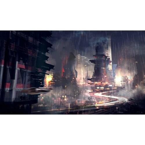 Sci Fi SciFi City Skyline Rain Road background High quality Computer print children kids photo backdrop