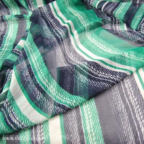 LEO&LIN Simple Green Gray Vertical Stripes 100% Silk Pleated Georgette Chiffon Thin Transparent Skirt Scarf Fabric DIY Sewing