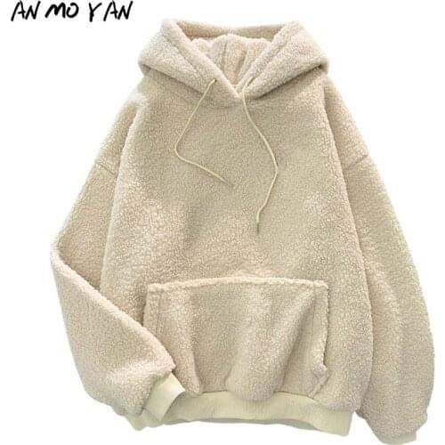 Winter Plus Velvet Thickening Fashion Solid Color Womens Sweatshirt Fashion Embroidery Harajuku Pocket Loose Casual Tops Hoodie