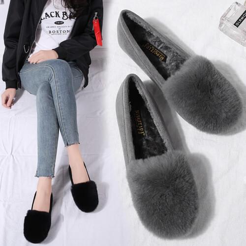 Concise Ladies winter fur shoes large size 42/43 plush rabbit hair flats loafers warm woman moccasins slip on oxfords creepers
