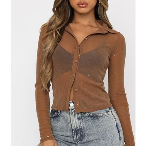 Female Shirt Solid Color Turn-Down Collar Long Sleeve Tops See-Through Blouse for Adults Women Black Brown