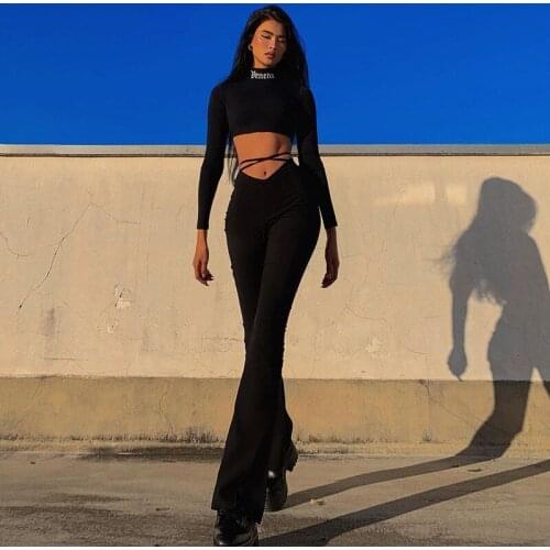 Y2K 2021 Womens Flare Pants Long Solid Black Trousers Sexy Bandage High Waist Autumn Ladies Fashion Casual Female Cargo Pant