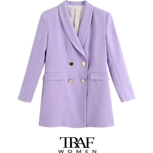 TRAF Za Women Fashion Double Breasted Blazer Coat Vintage Long Sleeve Flap Pockets Female Outerwear Chic Tops