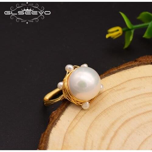 GLSEEVO Original Design Handmade Ring For Women Natural Freshwater Pearl Wedding Fine Jewelry anillos mujer GR0236