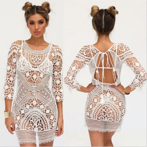 Women New Summer Sexy Fashion Lace Crochet Beach Bikini Cover Ups Long Swimwear Dress Bathing Suit