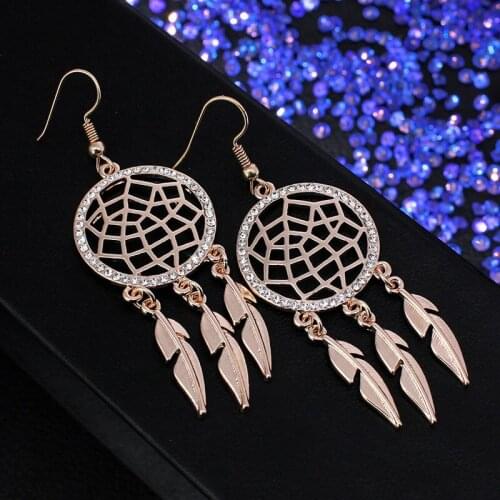 Ethnic Indian Jewelry Dream Catcher Earrings With Feathers For Women Crystal Hollow Flower Dangle Earring brincos de festa