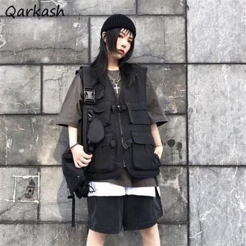 Vests Women Oversized College Streetwear Solid Outerwear Loose Cargo Unisex Sleeveless Jacket BF V-Neck Harajuku Pockets Design