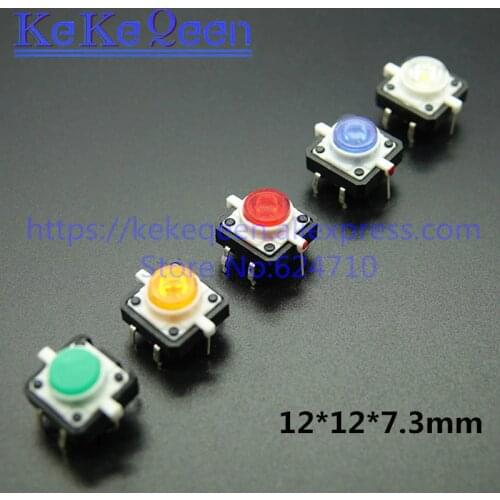 5pcs Colourful Tactile Push Button Switch Momentary 12*12*7.3MM Micro switch 4 pins reset green white blue yellow red with light