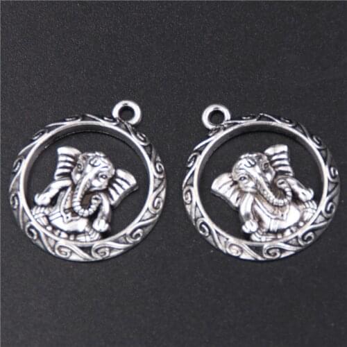 6pcs Silver Plated Religion Ganesha Tag Alloy Pendants For Necklace Earrings DIY Charm Metal Jewelry Crafts Making 25mm A314