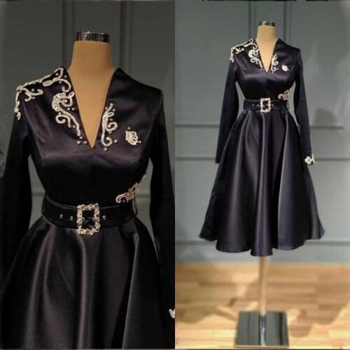 Dark Navy v Neck Evening Gowns Satin Long Sleeves Short Prom Dresses With Belt Saudi Arabia Robe De Soiree Formal Party Dress