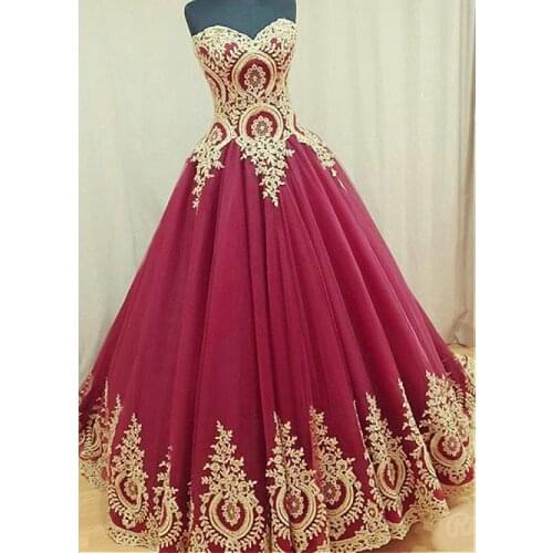 Sweetheart Ball Gown Luxury Evening Dresses with Gold Lace Appliques Dubai Prom Dress 2021 Floor Length Celebrity dresses