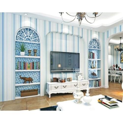 Beibehang Fresh Mediterranean classic striped green nonwoven papel de parede wallpaper living room bedroom restaurant background