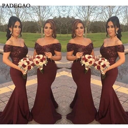 Burgundy Country Bridesmaid Dresses Mermaid Sequins Top Satin Skirt Off the Shoulder Wedding Party Maid of Honor Dresses