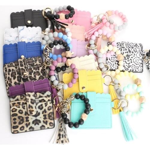 PU Tassel Keychain Fashion Sexy Leopard Card Holder Metal Key Rings Acrylic Beads Bangle Bracelet for Women