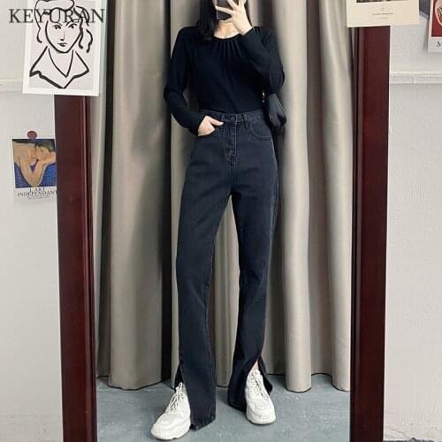 New Light Blue Black Denim Jeans For Women Washed Retro Split High Waist Straight Overalls Slim Long Loose Wide Leg Jeans Women
