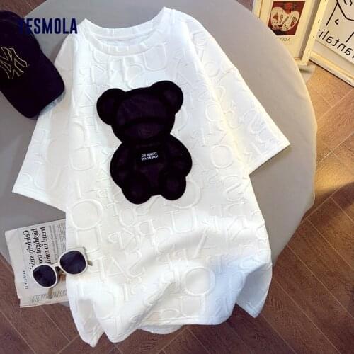 YESMOLA Womens T-shirts Harajuku Girls Plus Size Tops Letter Jacquard O-neck Short Sleeves Loose Summer Tshirt Bear White Tees