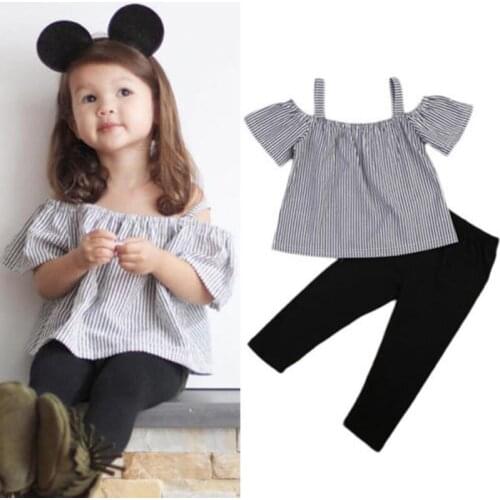 Toddler Baby Girls Lovely Sweet Summer 2PCS Short Sleeve Off Shoulder Striped T-Shirts Tops Black Pants Outfit 1-6Y
