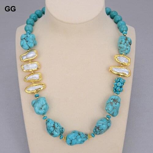 GG Jewelry Blue Turquoises Rough Natural White Biwa Freshwater Pearl Choker Necklace 21" Vintage For Women