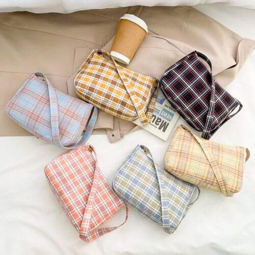 One Shoulder Travel Shopping Canvas Bag Chain Handbag Ladies Plaid Print Female Underarm Pouch Messenger Baguette Bag