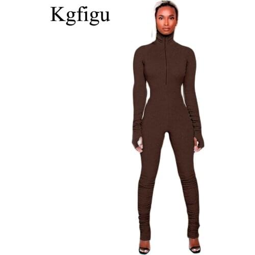 KGFIGU 2021 Rib Knitted Womens Brown Rompers High Neck Zipper Ruched Jumpsuit Casual Long Sleeve Overalls One Piece Clothes