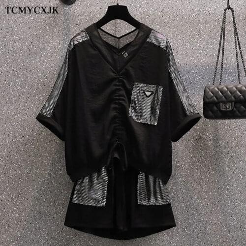 European Style Summer New Plus Size Casual Shorts Sets Women Fashion V Neck Top+Elastic Waist Shorts Fashion Short Suits Femme