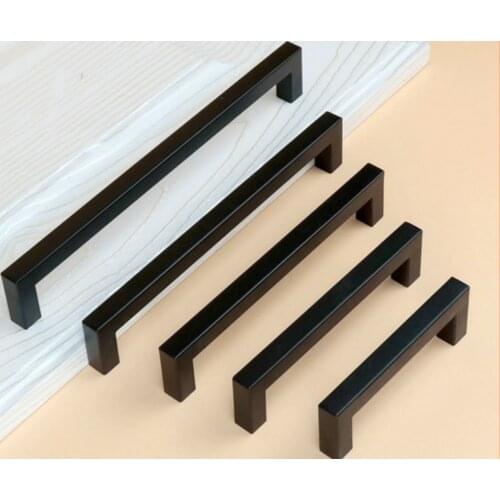Matt Black square Handle Stainless Steel Cabinet handle Kitchen Door Knob Furniture Drawer Pull 2"~24"