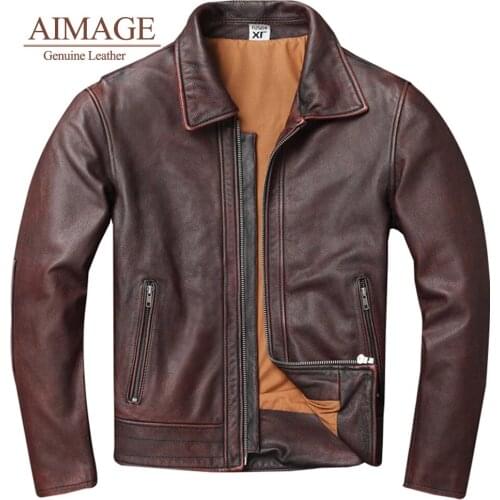 Men Genuine leather jacket motorcycle red-brown retro distressed first layer pure classic casual style cowhide jacket PY067