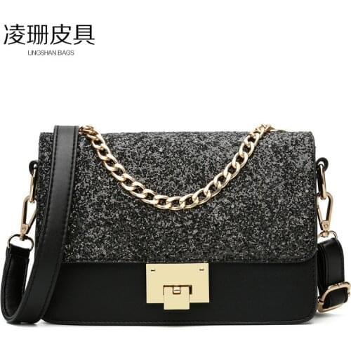 2020 new ladies bag PU leather solid color sequin decoration chain small square bag womens shoulder diagonal mini bag