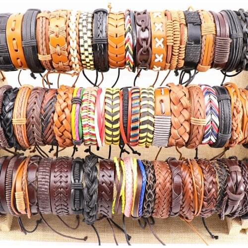 Wholesale 100pcs/Lots Assorted Vintage Handmade Mens Cuff Leather Braided Jewelry Bracelets Wrist Bangle For Women