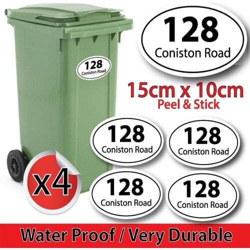 PERSONALISED x4 WHEELIE BIN NUMBERS CUSTOM HOUSE, ROAD STREET NAME STICKERS OVAL