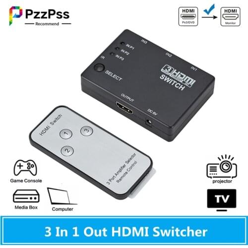 PzzPss HDMI Switcher 3 In 1 Out 3 Ports Hub Box Auto Switch 1080p HD 1.4 With Remote for HDTV XBOX360 DVD Projector