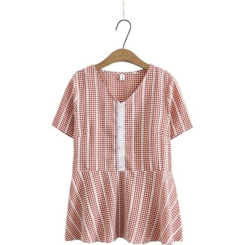 Plus Size XL-5XL Womens V-neck Plaid Tshirts Vintage Cotton Summer Tops Short Sleeve Oversized Casual Tee