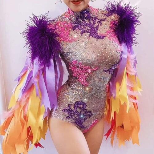 Multicolor Rhinestones Party Bodysuit Women Sexy Elastic Tights Ribbon Sleeve Jumpsuit Nightclub DS Dancer Leotard Stage Clothes